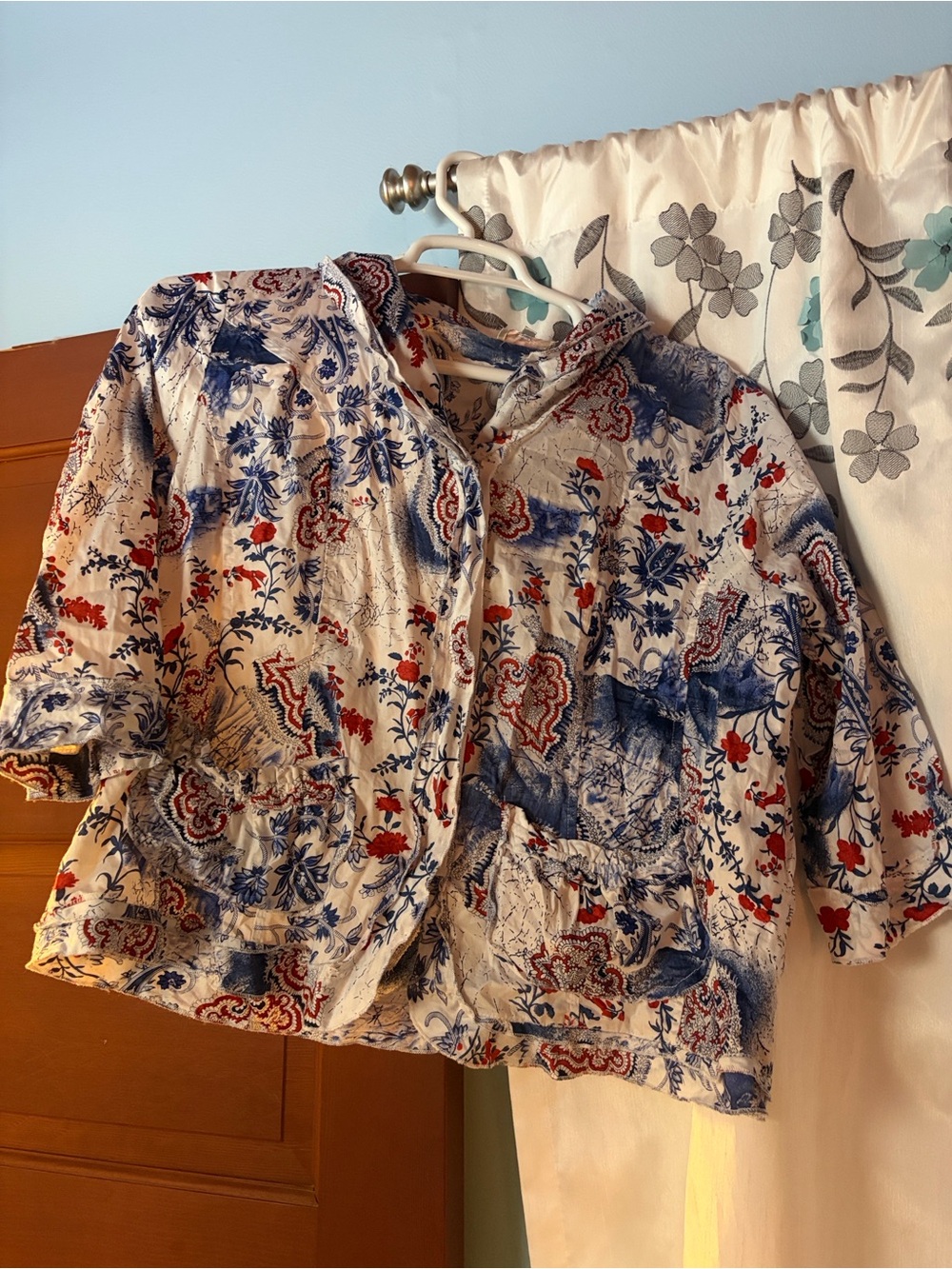 Floral Print Blue and Red Cotton Jacket - Women
